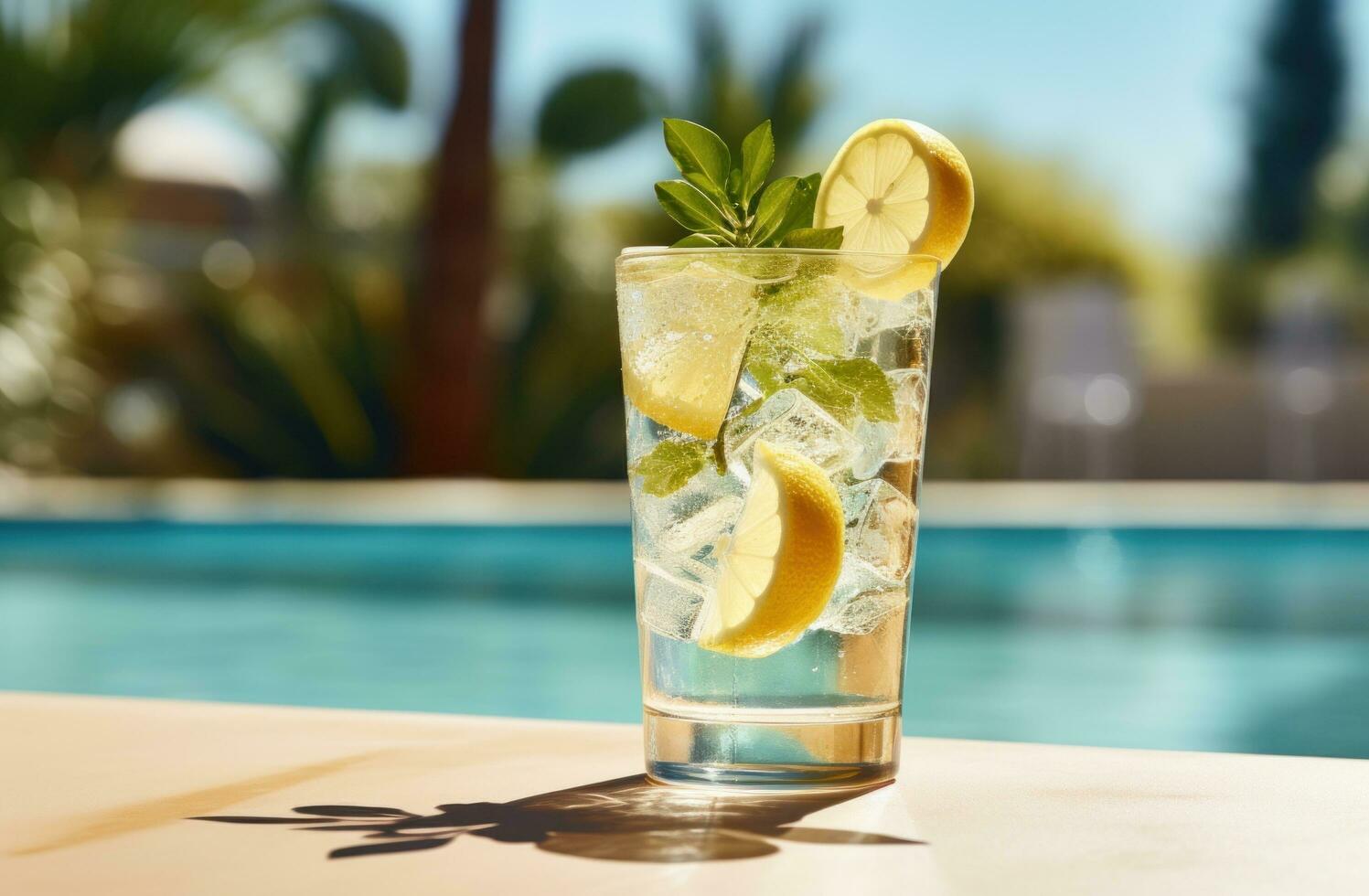 AI generated an icy lemon drink with ice on a ledge near a swimming pool, i photo