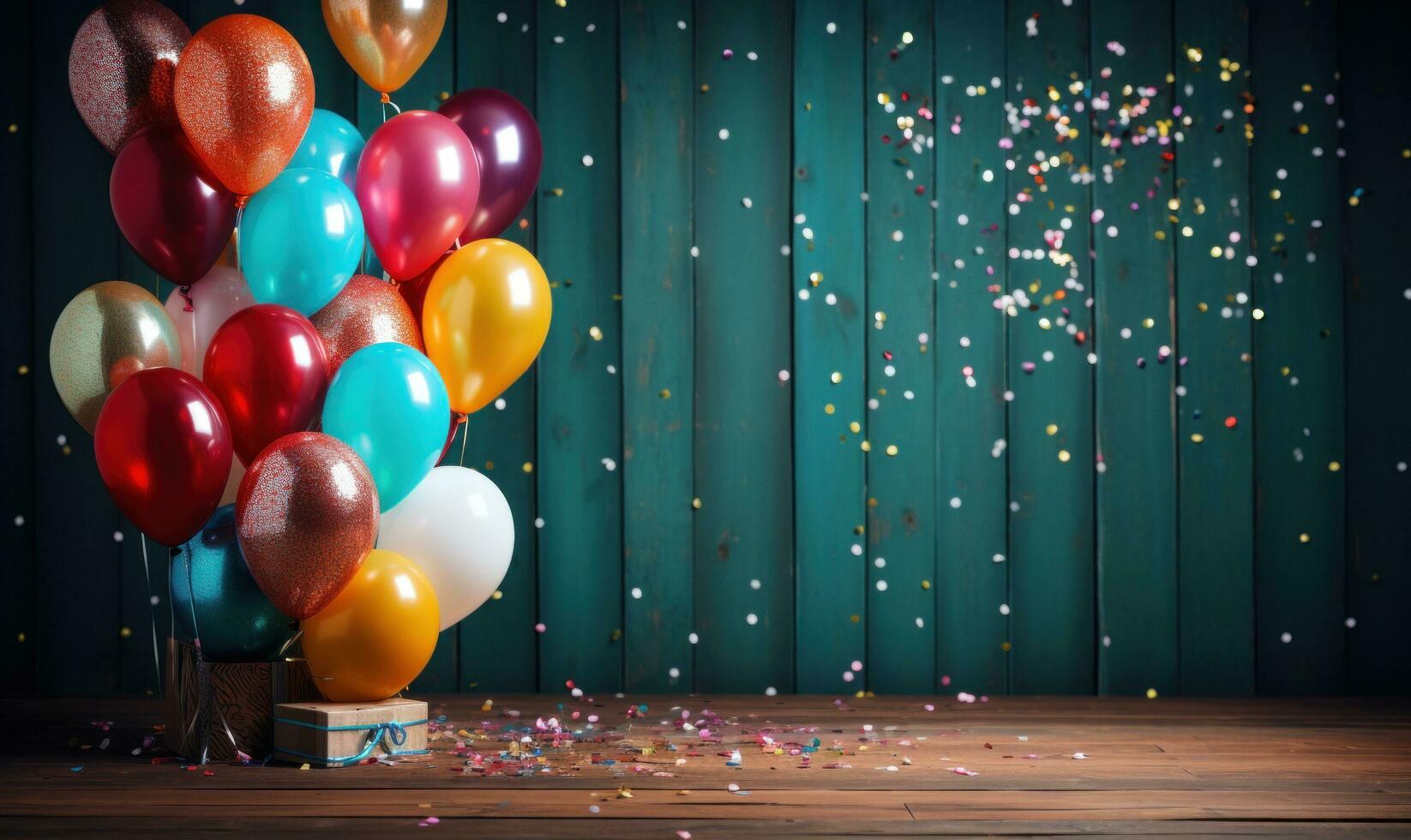 AI generated colorful balloons and confetti flying over wooden background, photo