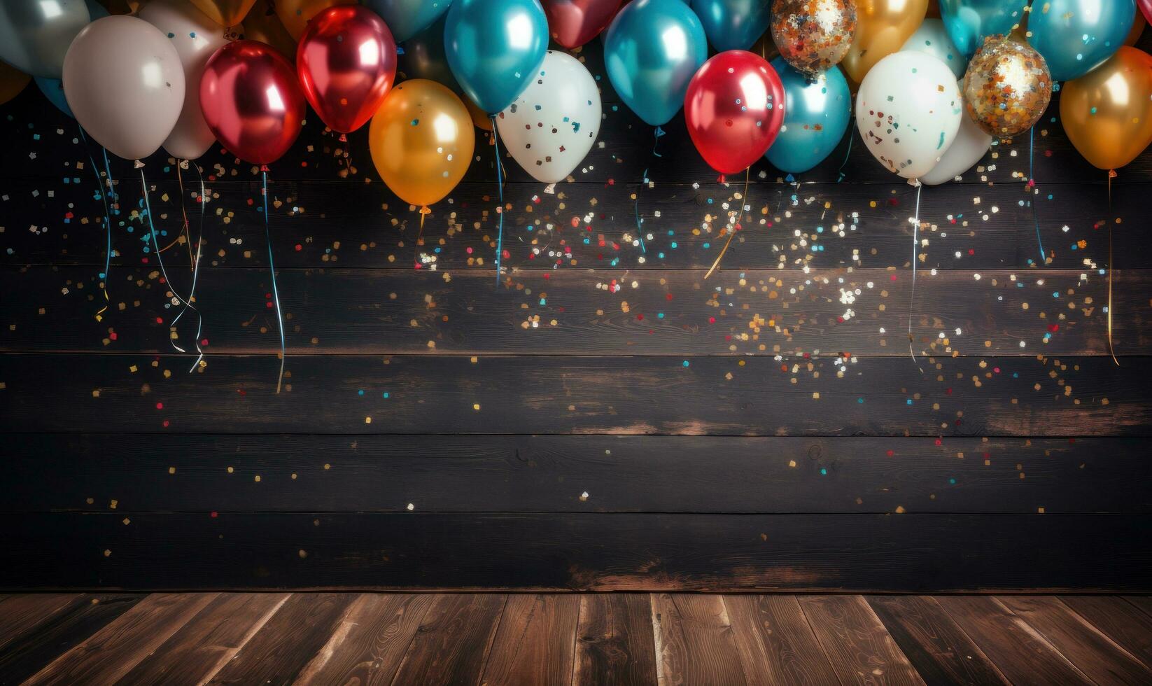 AI generated colorful balloons and confetti flying over wooden background, photo