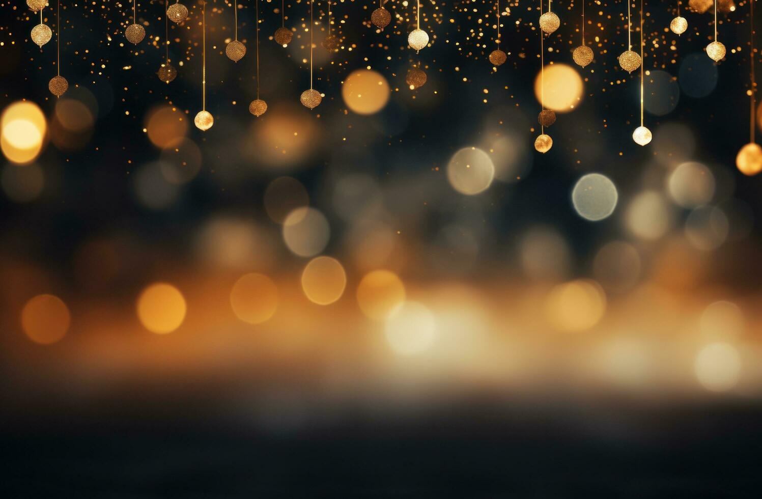 AI generated golden christmas lights and bokeh effect on black backgroun, photo