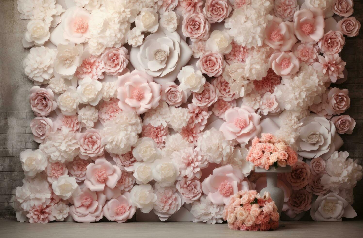 AI generated pink and white roses are displayed in this shot photo