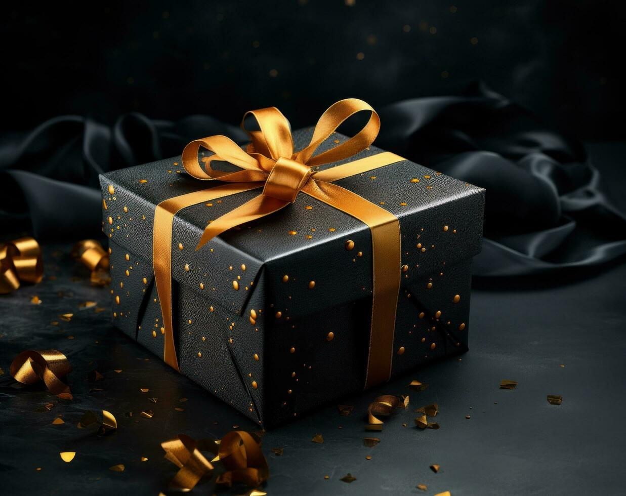 AI generated gift box on a black background with ribbons, dark black and black, photo