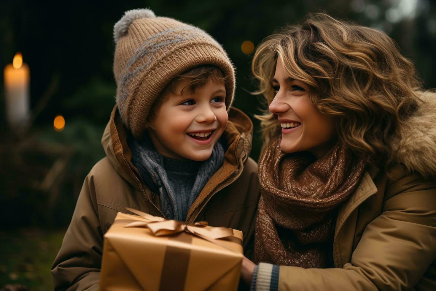 ai generado madre y hijo con Navidad presente en el parque con presente envase foto