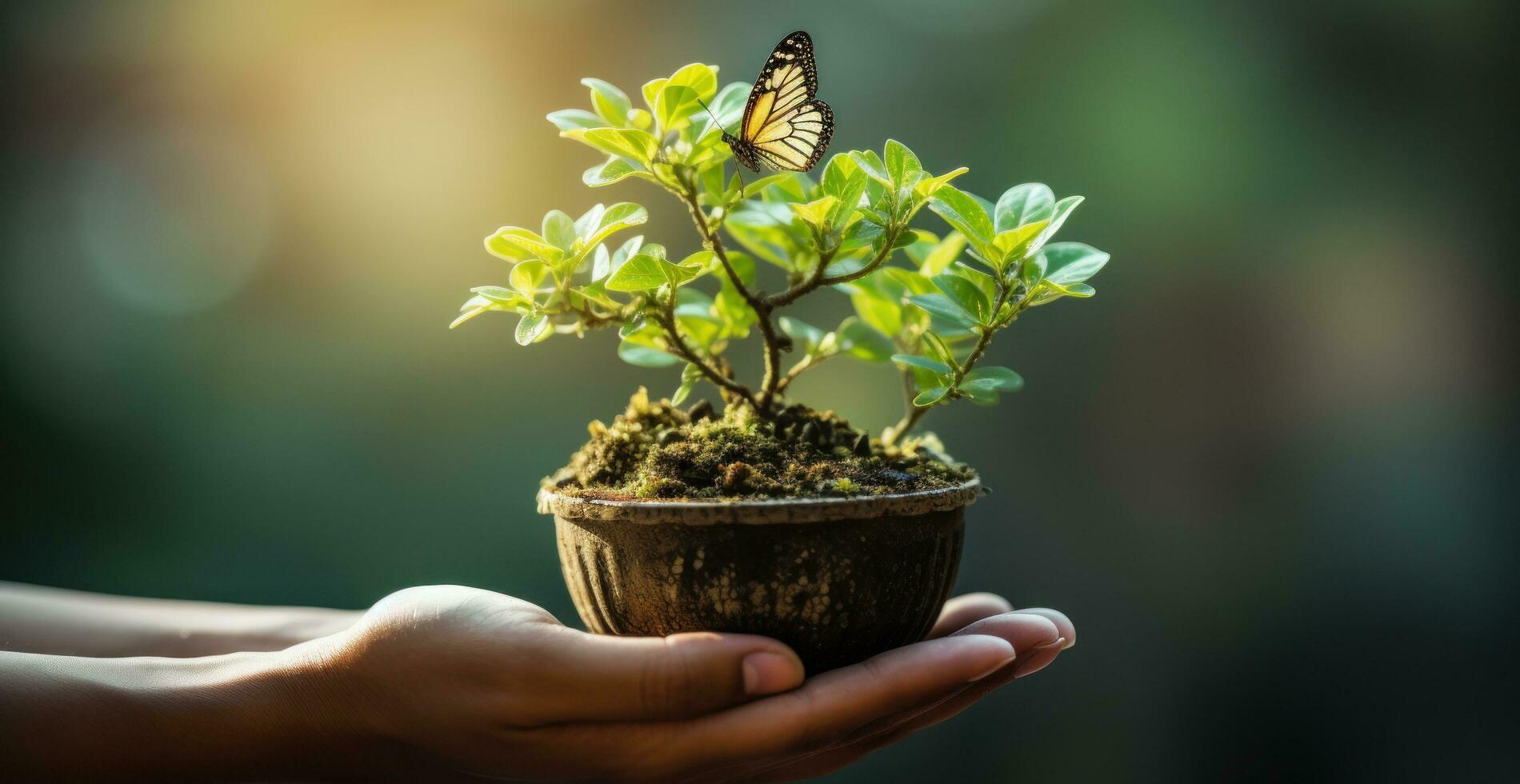 AI generated man's hand holding a small earthshaped tree with butterfly, photo