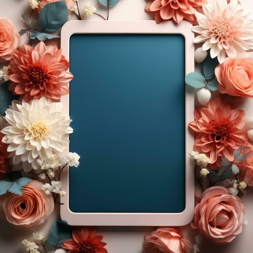 AI generated tablet with flowers in the circle mockup photo