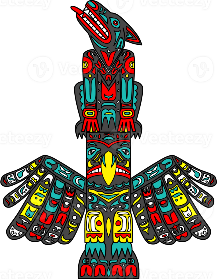 Haida art style illustration of a wolf and eagle totem pole, a Northwest Coast art, poles, posts or pillars, with symbols or figures on top of each other done in color doodle art. png