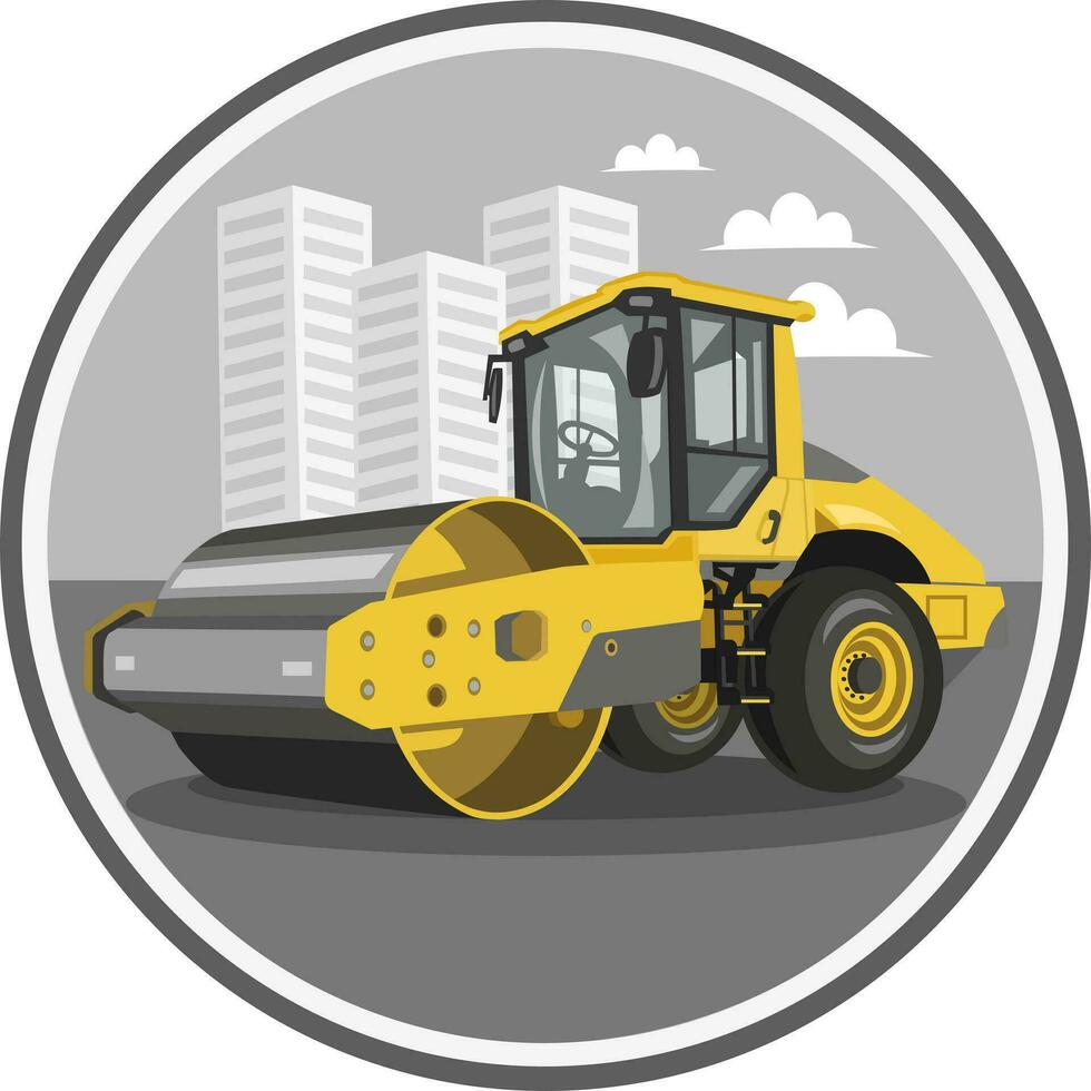 Yellow asphalt roller, steamroller, road roller vector image in circle with urban landscape on background during road works. Construction trucks collection