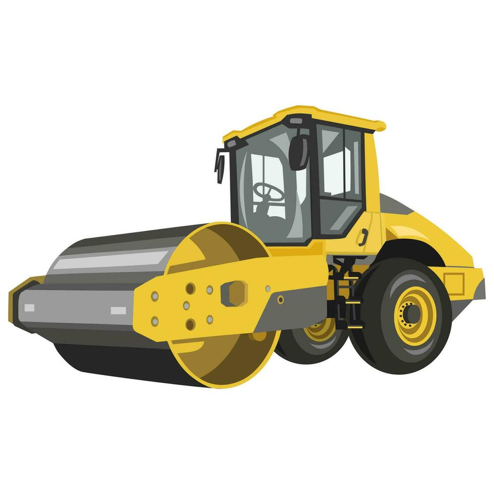 Yellow asphalt roller, steamroller, road roller vector image on white background. Construction trucks collection