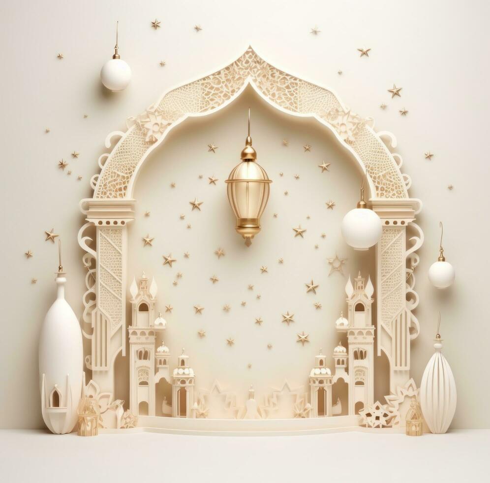 AI generated ramadan decoration with golden moon frame and lantern photo