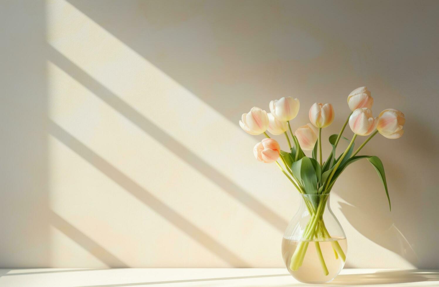 AI generated tulips in a clear glass vase with shadow coming off of a wall, photo
