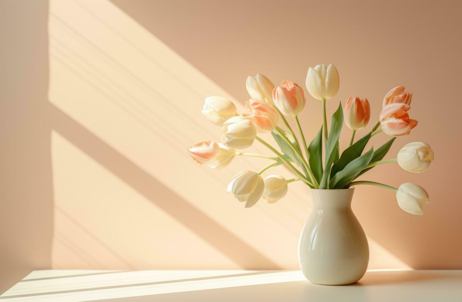 AI generated tulips in a clear glass vase with shadow coming off of a wall, photo