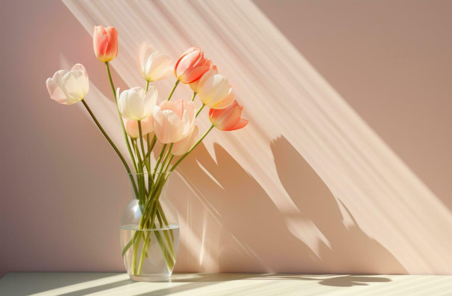 AI generated tulips in a clear glass vase with shadow coming off of a wall, photo