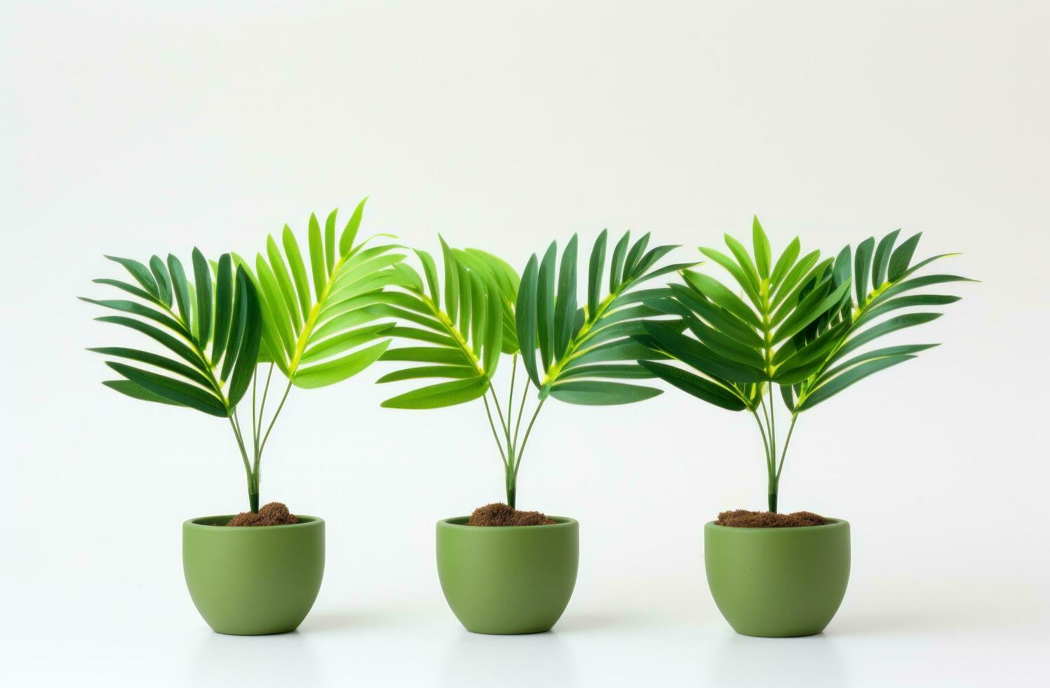 AI generated three leaves of green palm trees in a white background, photo