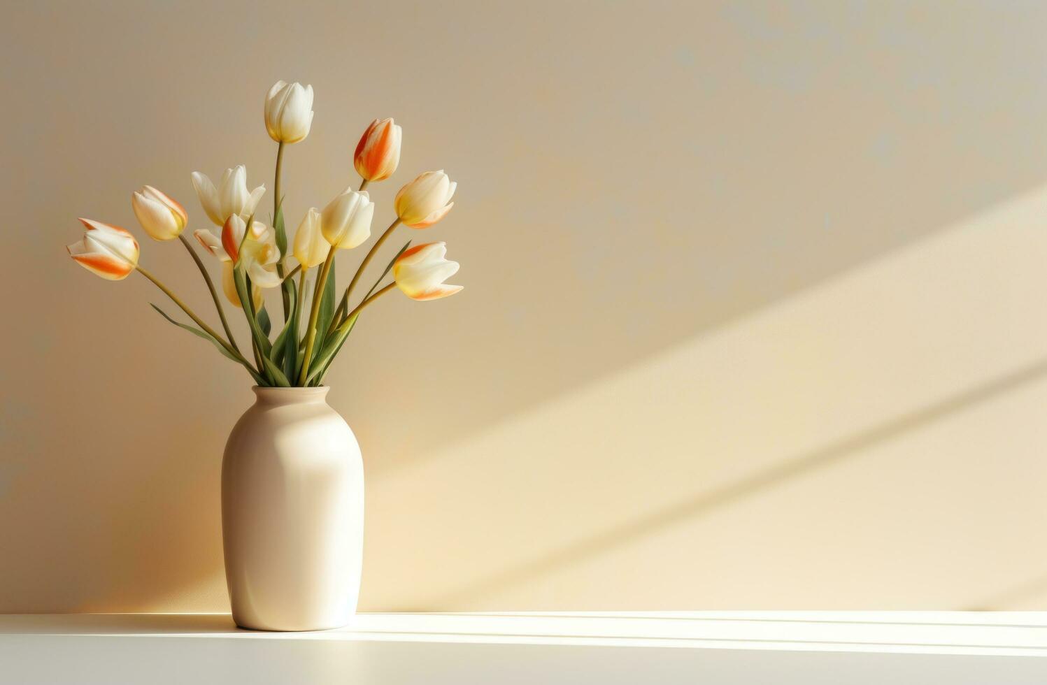AI generated tulips in a clear glass vase with shadow coming off of a wall, photo