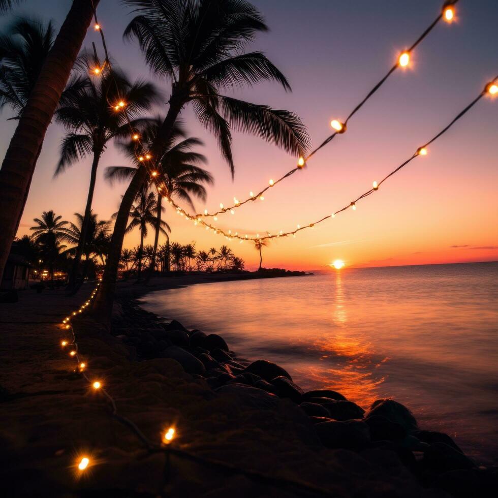 AI generated palm trees and string lights, by the ocean at sunset photo