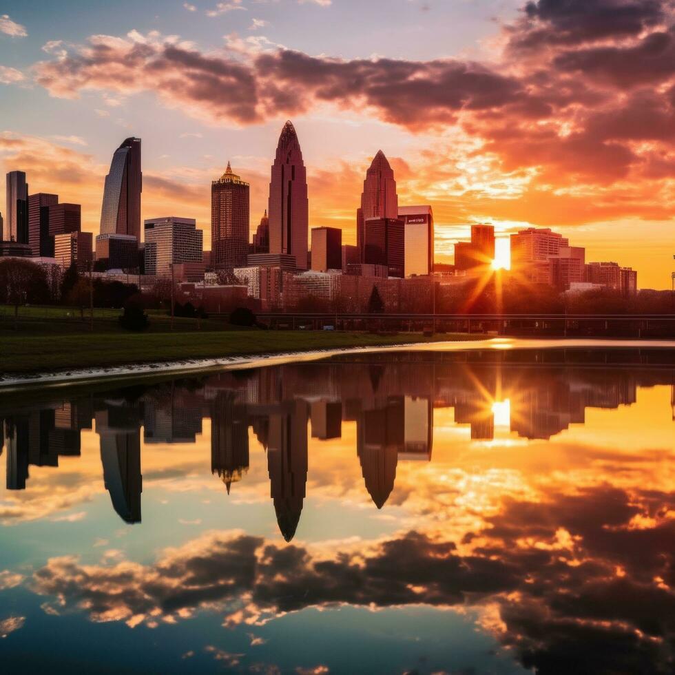 AI generated A breathtaking photo of a city skyline at sunset, with warm spring colors painting the sky
