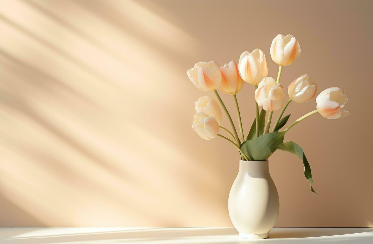 AI generated tulips in a clear glass vase with shadow coming off of a wall, photo