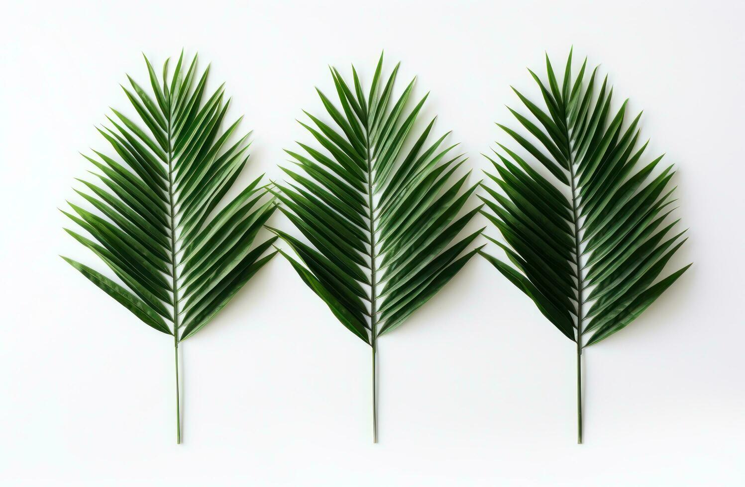 AI generated three leaves of green palm trees in a white background, photo