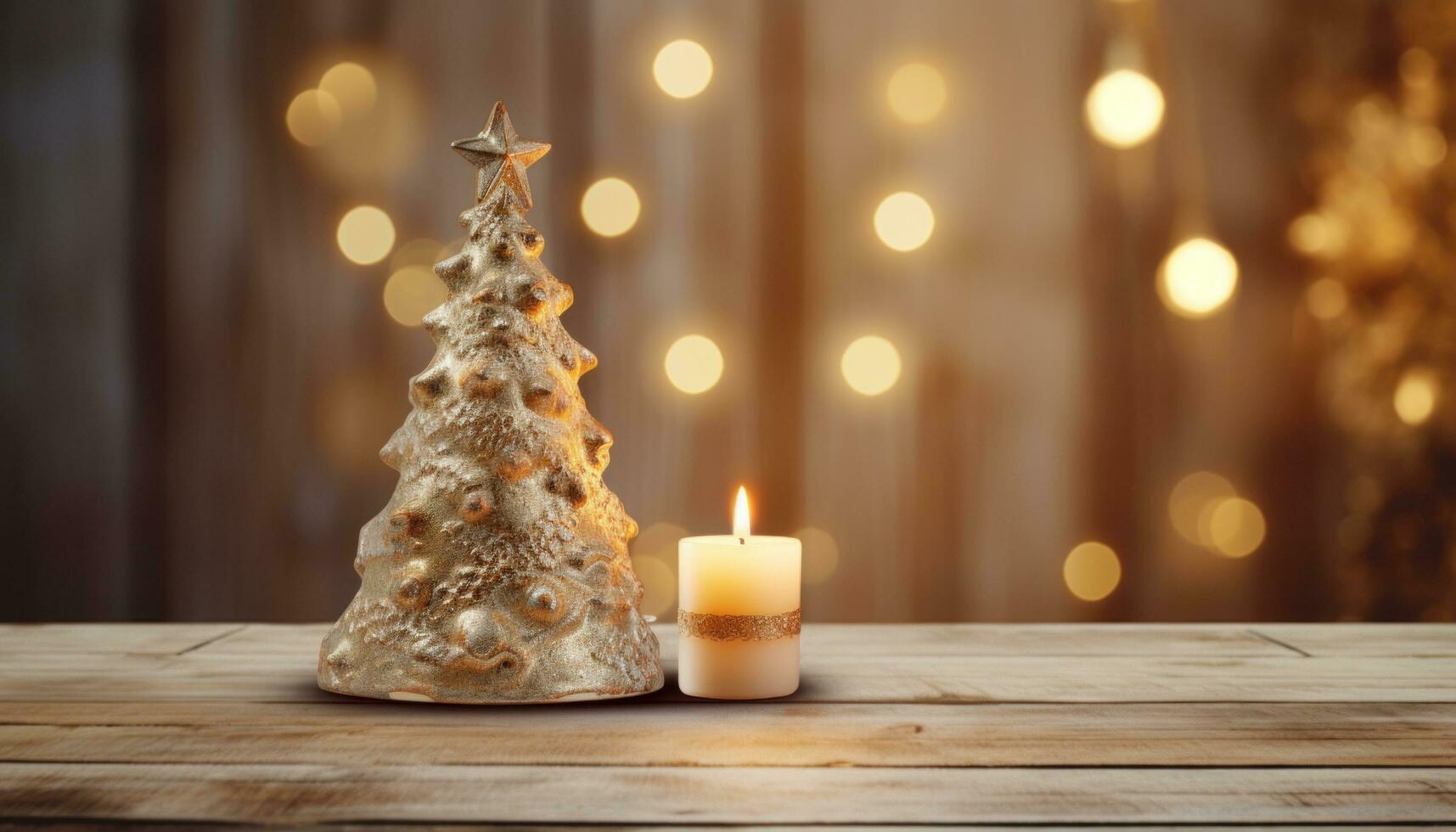 AI generated shabby chic holiday tree on a wooden table, a candlelight in the background, photo