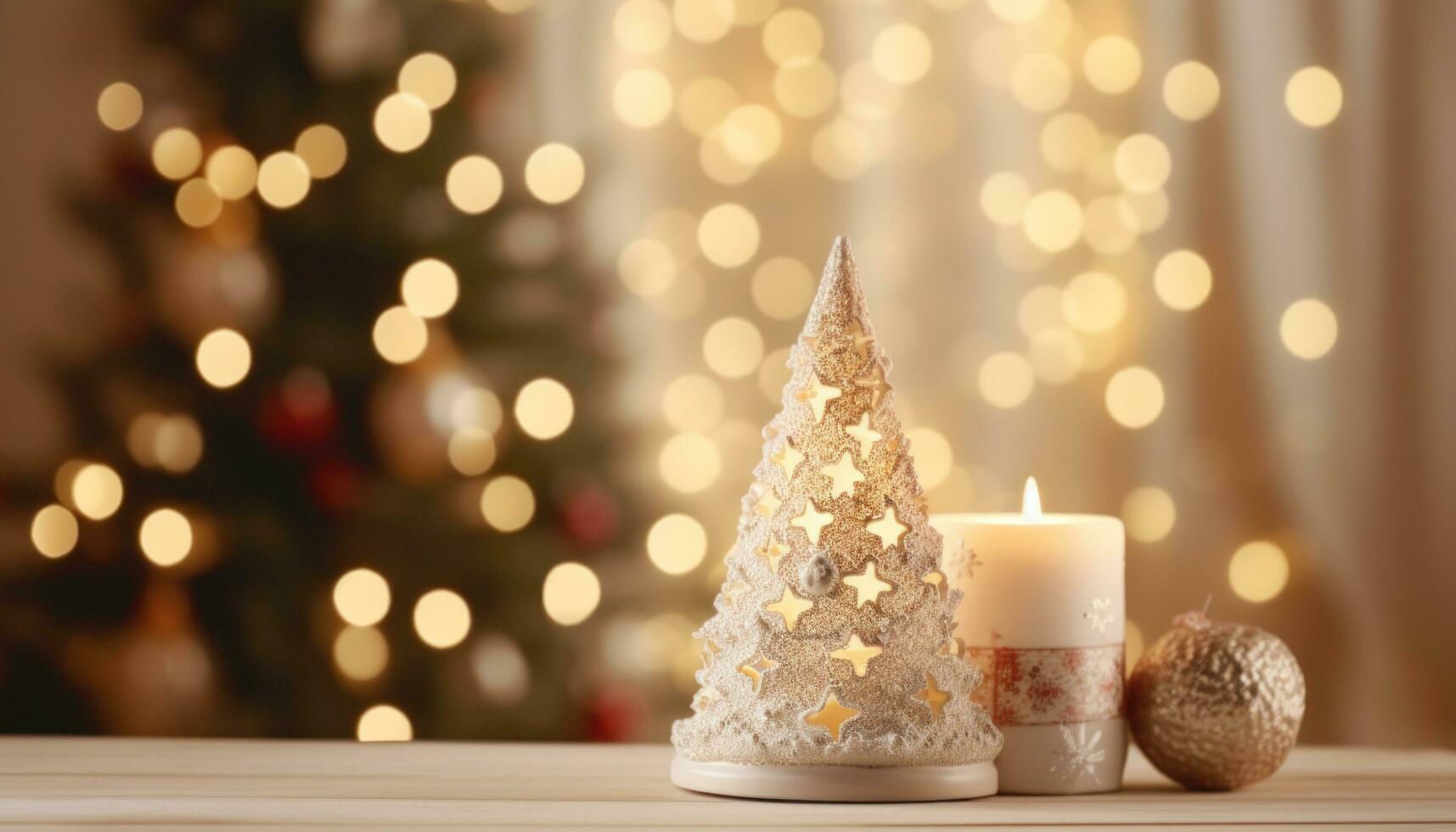 AI generated shabby chic holiday tree on a wooden table, a candlelight in the background, photo