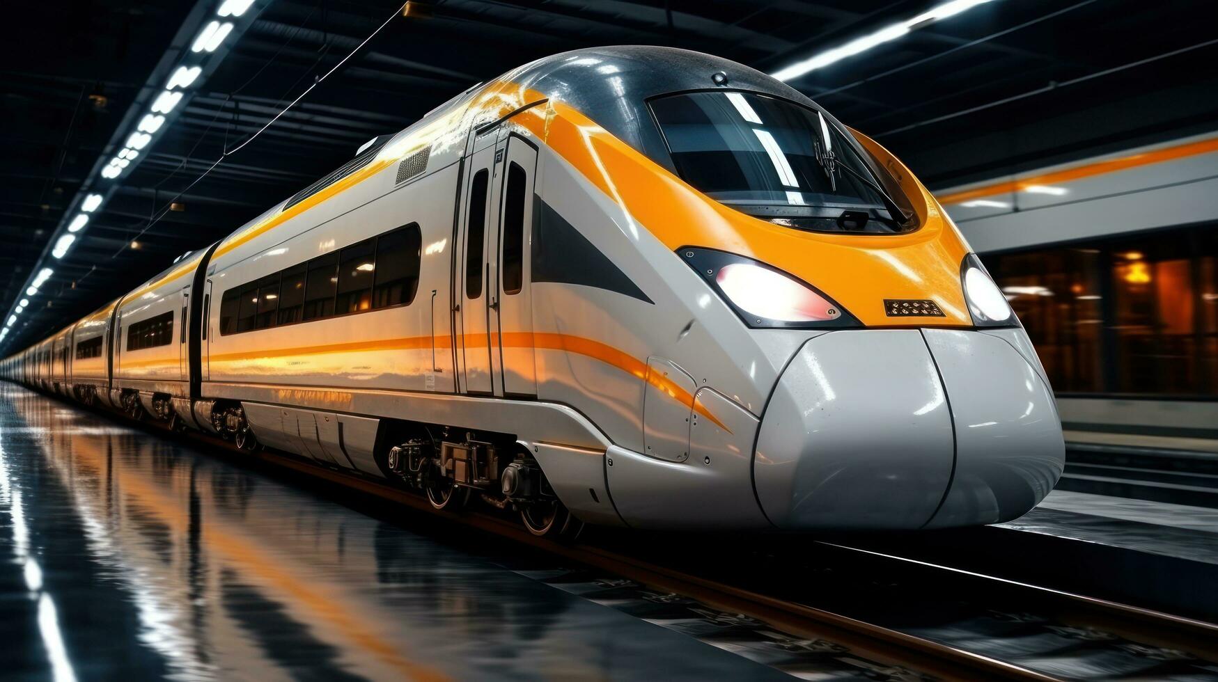 AI generated white and silver train on the track, photo
