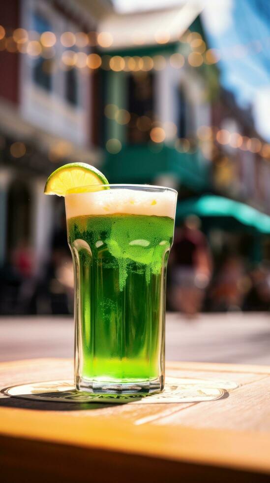 AI generated pint of green beer with a blurred St. Patrick's Day parade in the background. photo