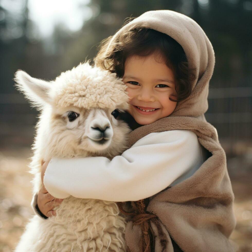 AI generated A beaming toddler cradles a fluffy and contented baby alpaca, photo