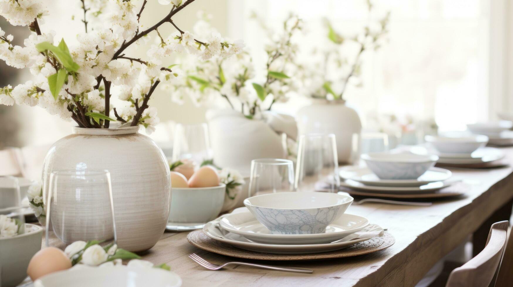 AI generated A cozy indoor spring party featuring a rustic table setting with fresh flowers photo