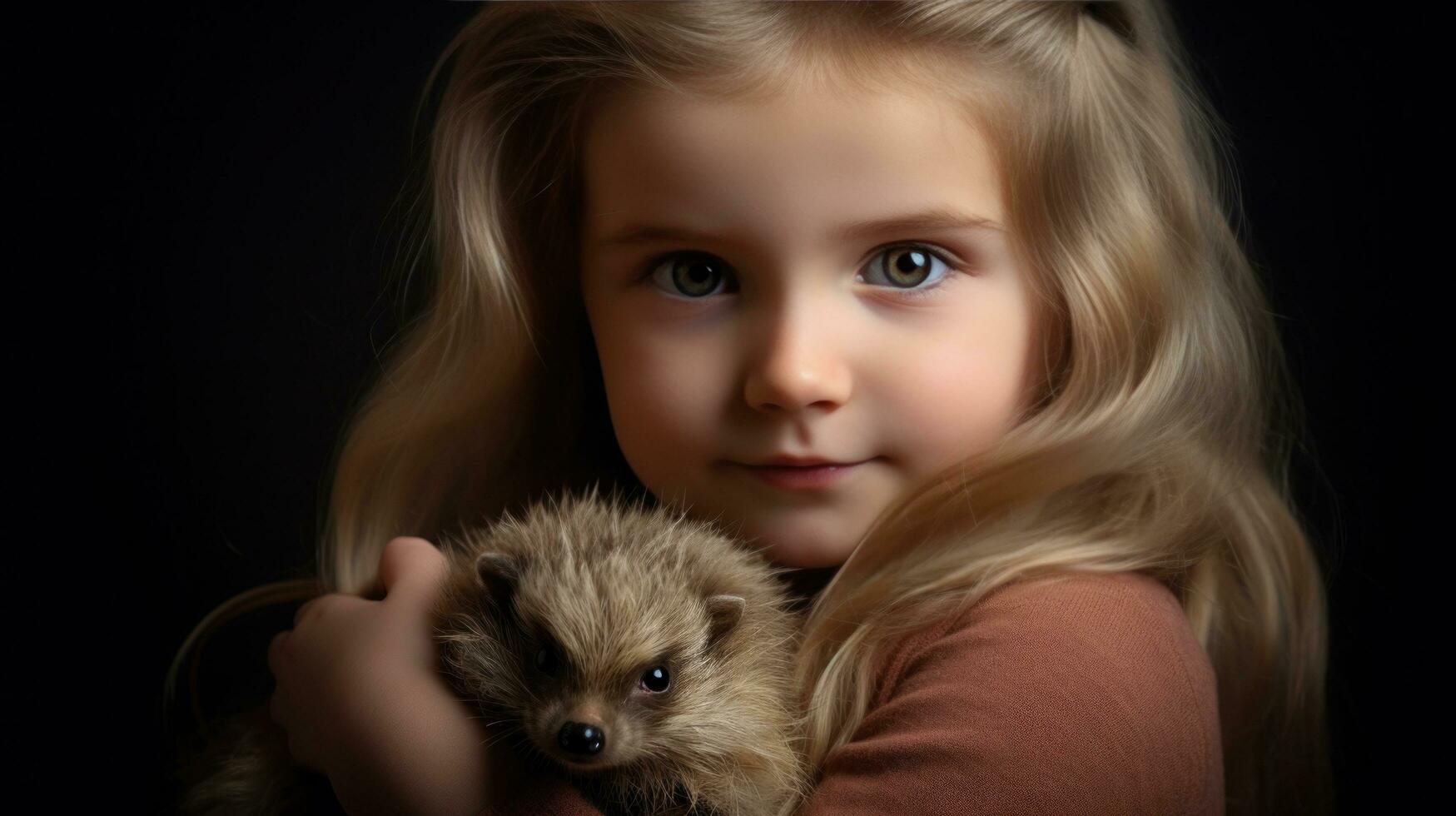 AI generated A curious little girl peers in wonder at a tiny and fuzzy baby hedgehog resting in her hands. photo