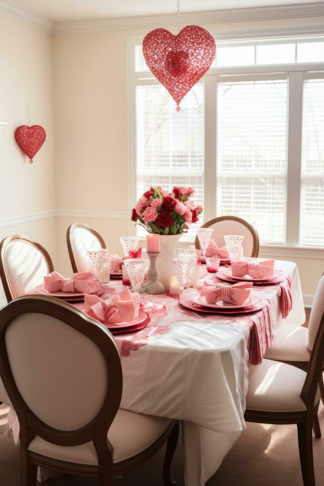 AI generated A dining room decorated with heart-shaped napkins, tablecloth, photo