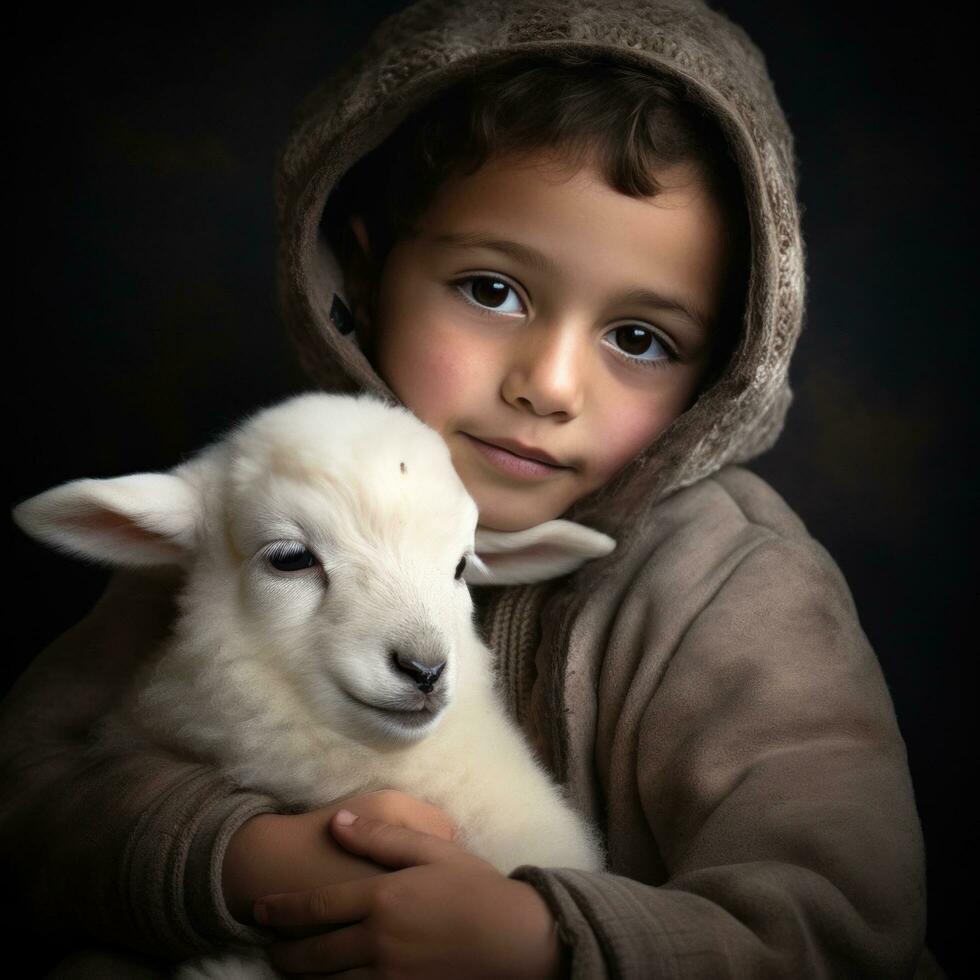 AI generated A young boy softly strokes the downy fur of a baby lamb nestled contentedly on his lap. photo