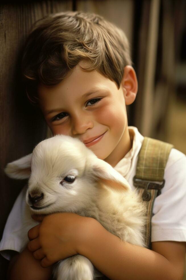 AI generated A young boy softly strokes the downy fur of a baby lamb nestled contentedly on his lap. photo