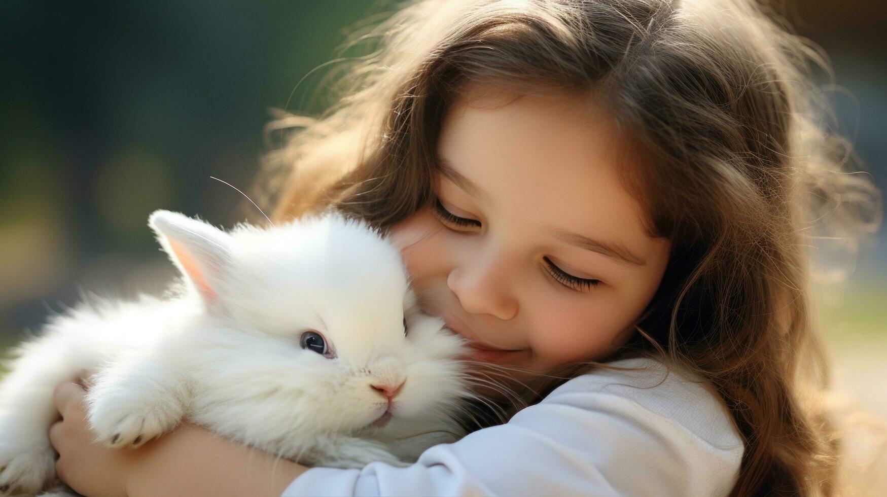 AI generated A young girl gently cradles a fluffy white bunny, both with peaceful expressions on their faces. photo
