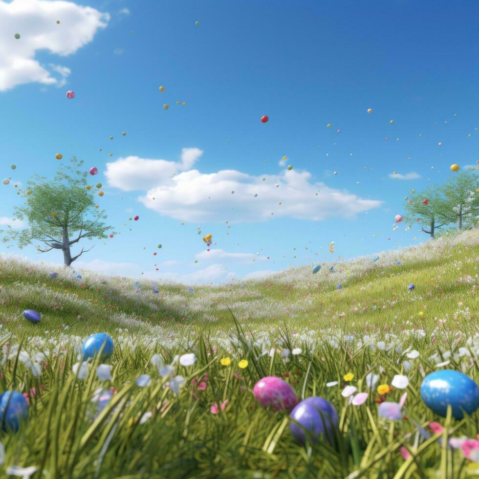 AI generated A grassy meadow with a clear blue sky and Easter eggs scattered throughout. photo