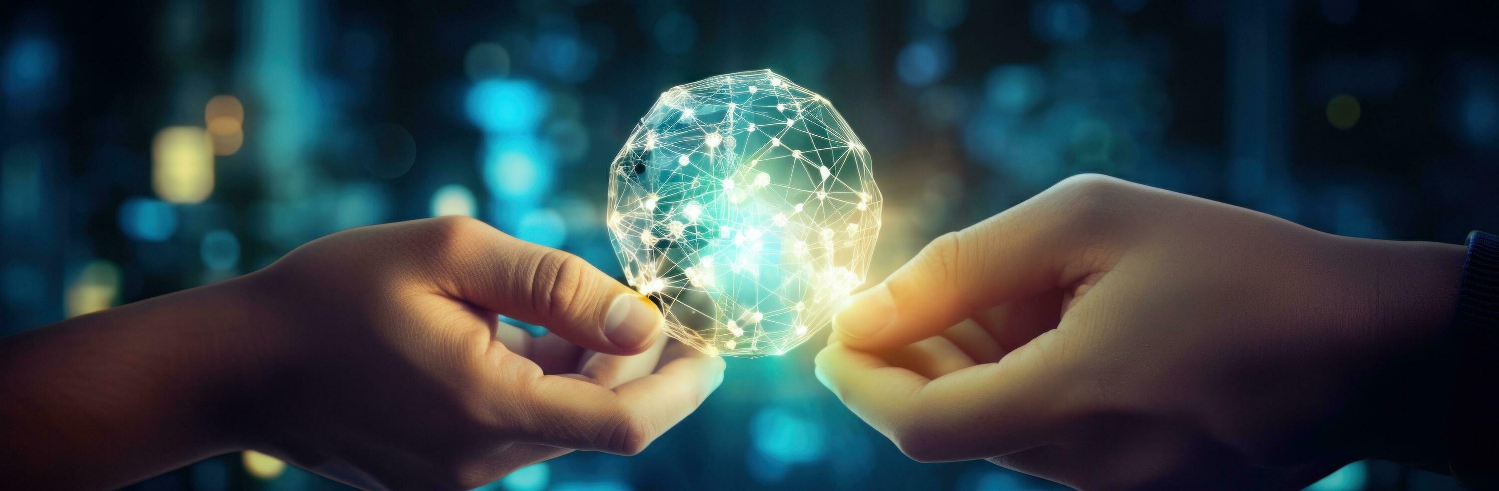 AI generated image of an hand holding another hand and showing an light bulb, photo