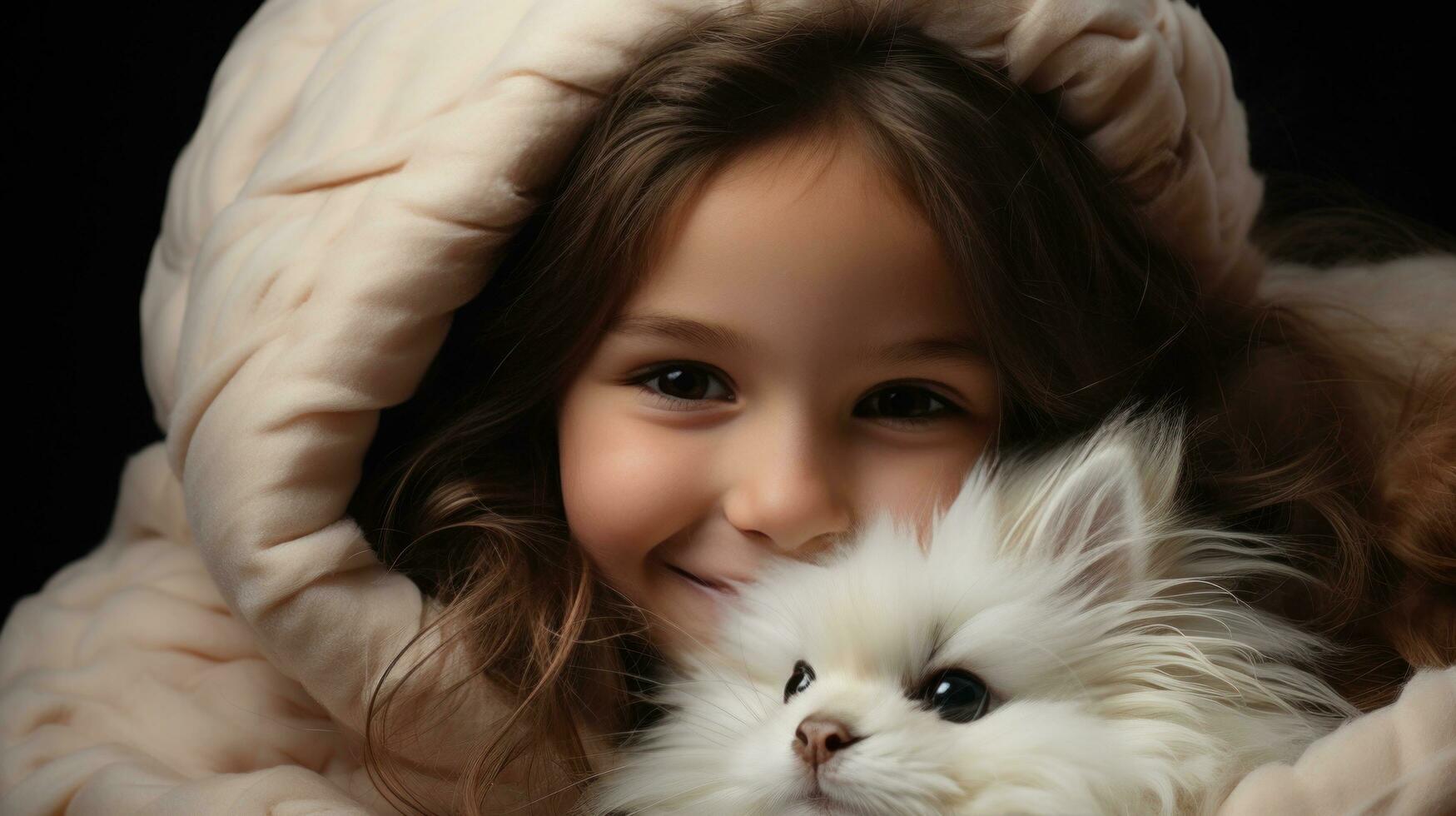 AI generated A young girl gently cradles a fluffy white bunny, both with peaceful expressions on their faces. photo