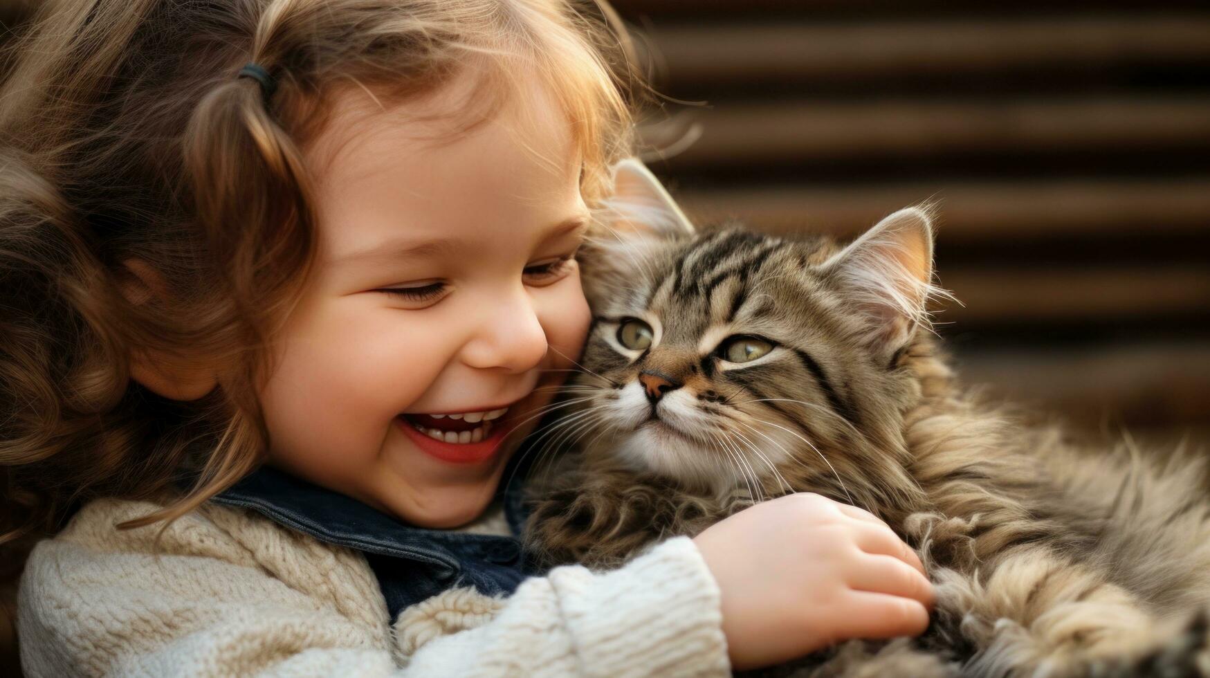 AI generated An adorable toddler giggles with delight as she snuggles a fuzzy little kitten in her arms. photo