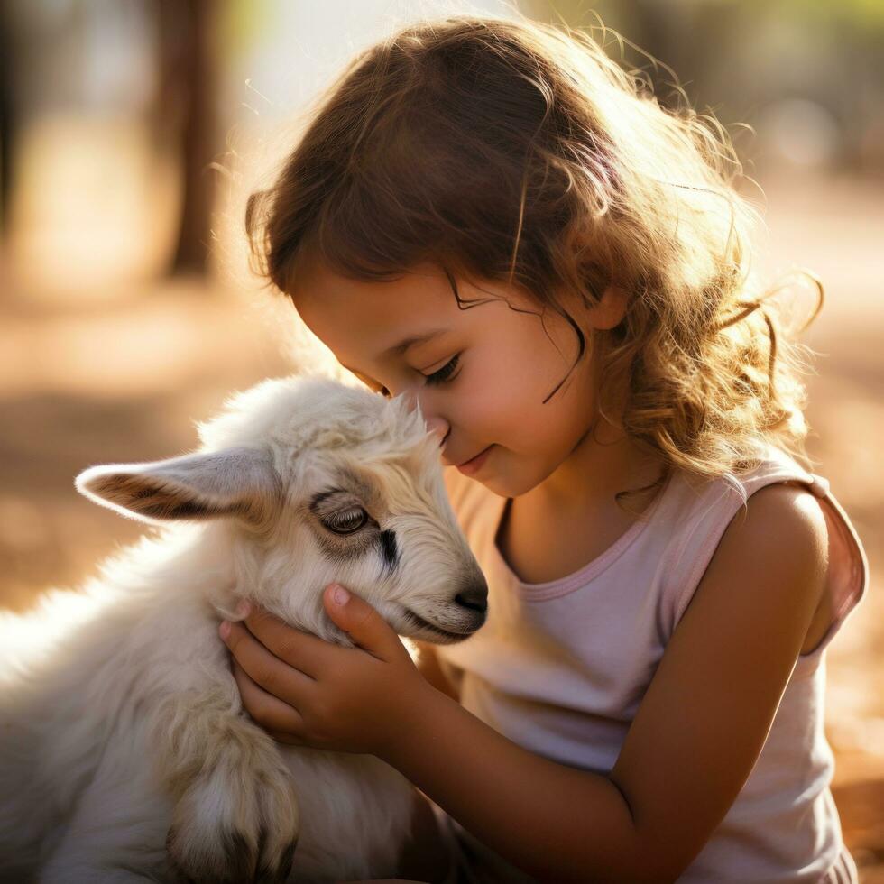 AI generated A young girl looks on in wonder as a baby goat nuzzles affectionately against her hand photo