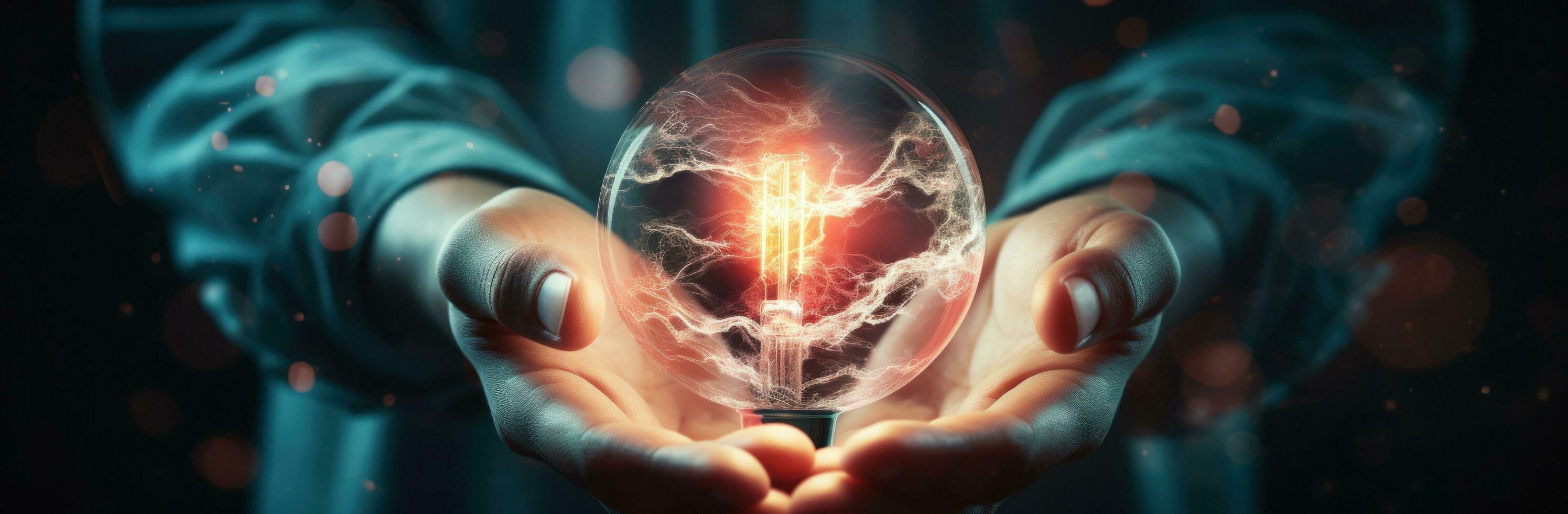 AI generated hand in hand with an energy light bulb on a cloudy background, photo