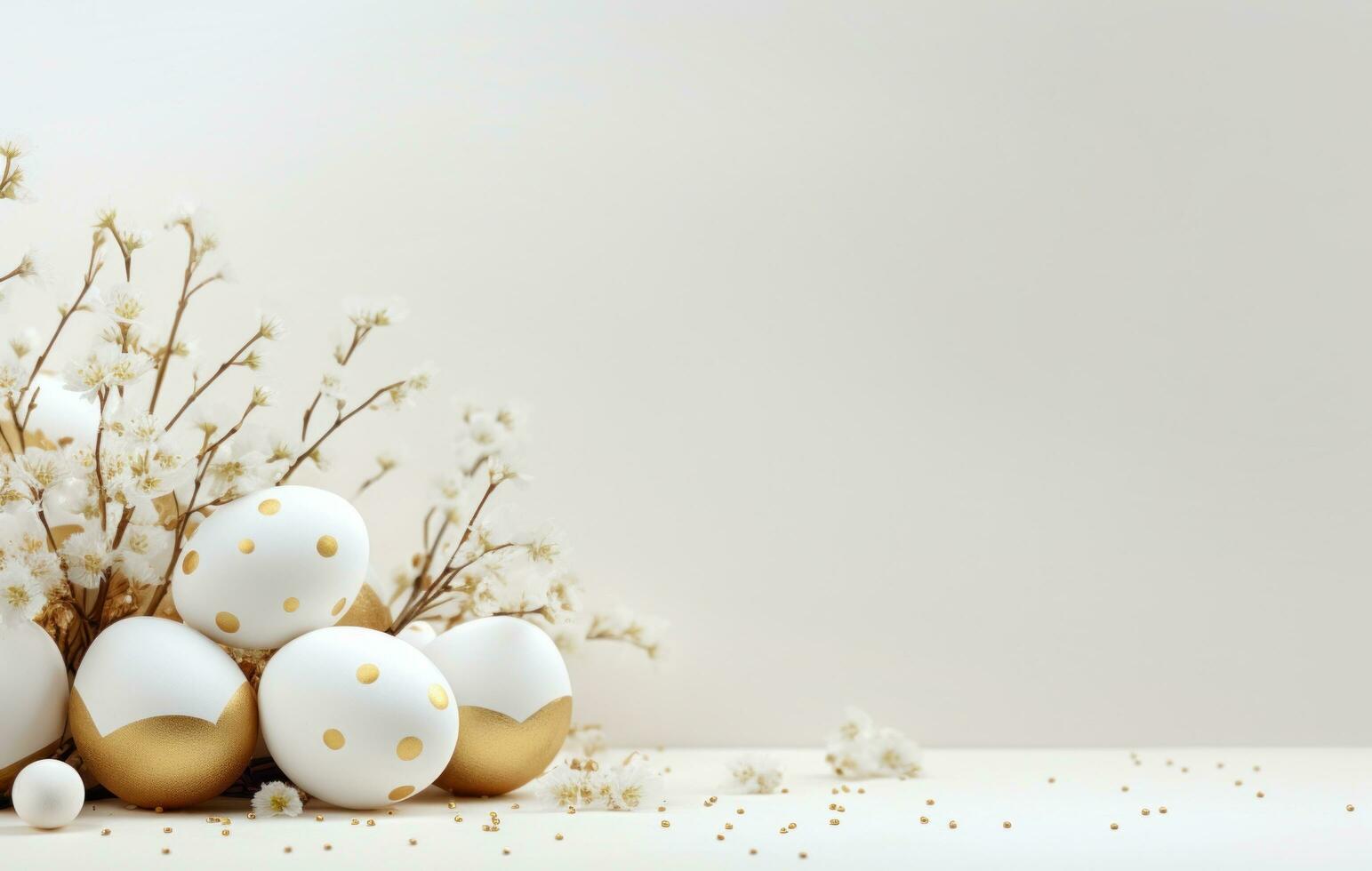 AI generated golden easter eggs and a white flower in one of the white space, photo