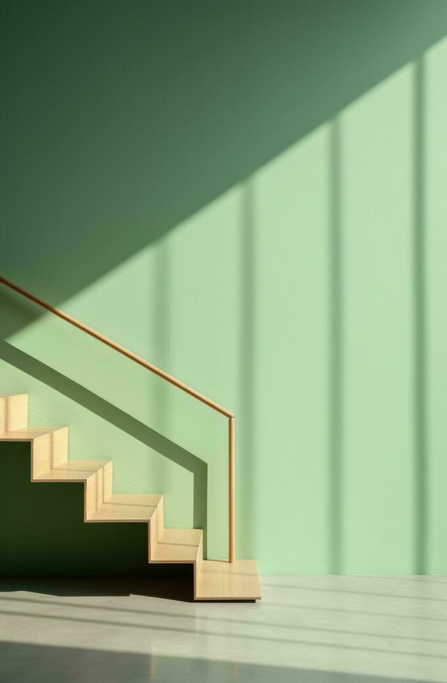 AI generated a wooden staircase with a green poster near the stairs, photo