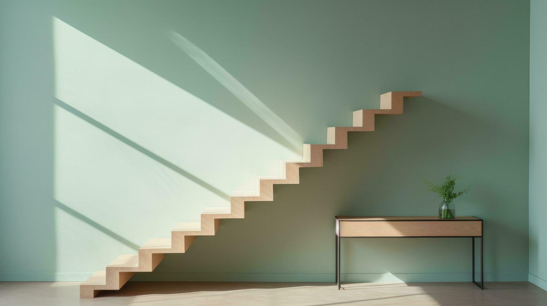 AI generated a wooden staircase with a green poster near the stairs, photo