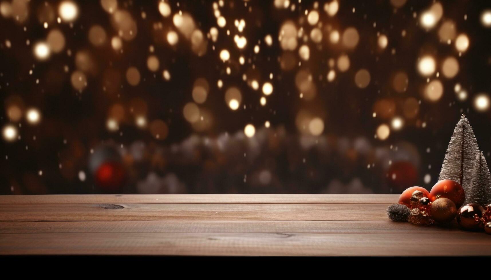 AI generated christmas table backgrounds with lights and trees, photo