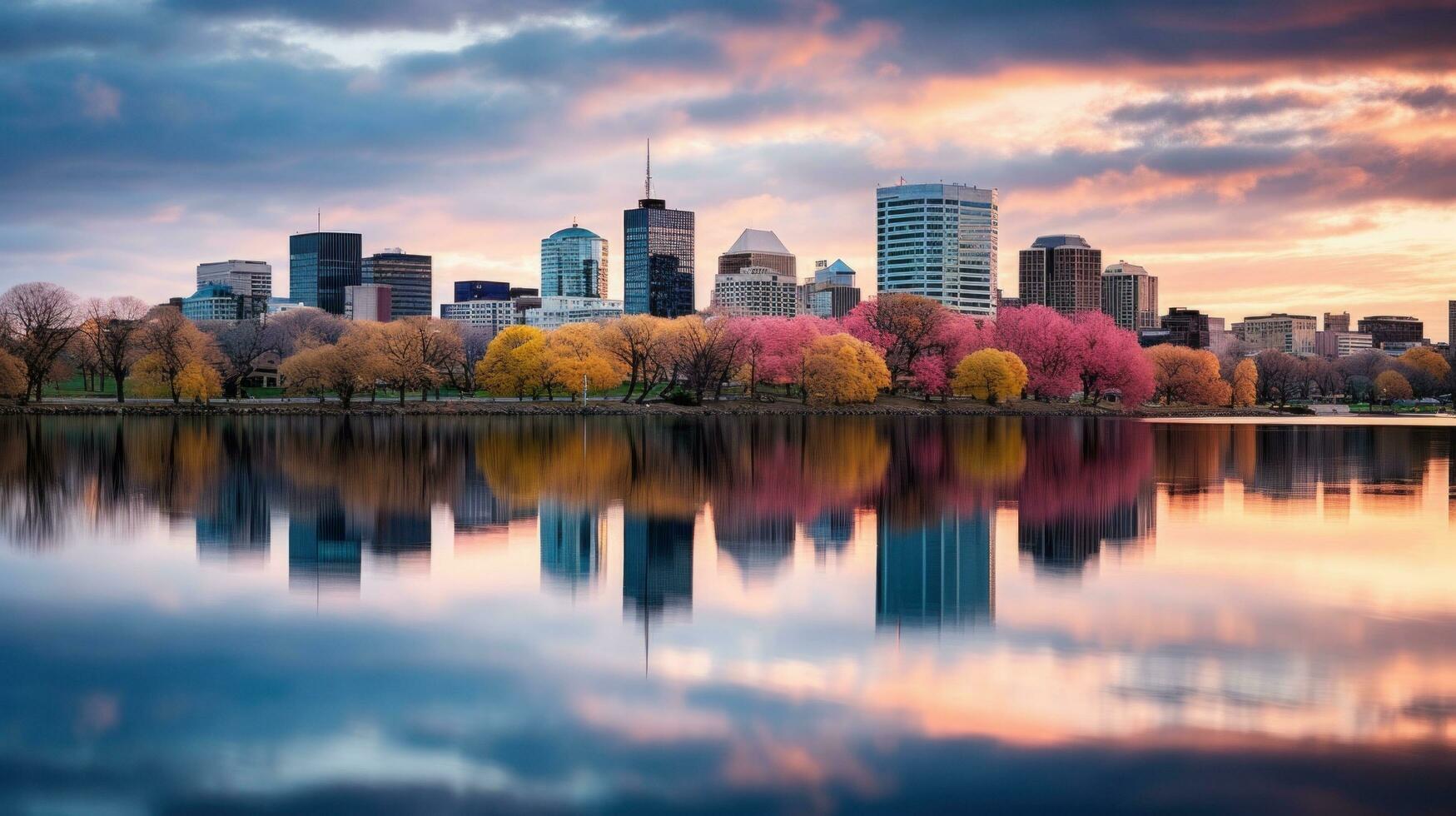 AI generated a city skyline reflected in a calm body of water, photo