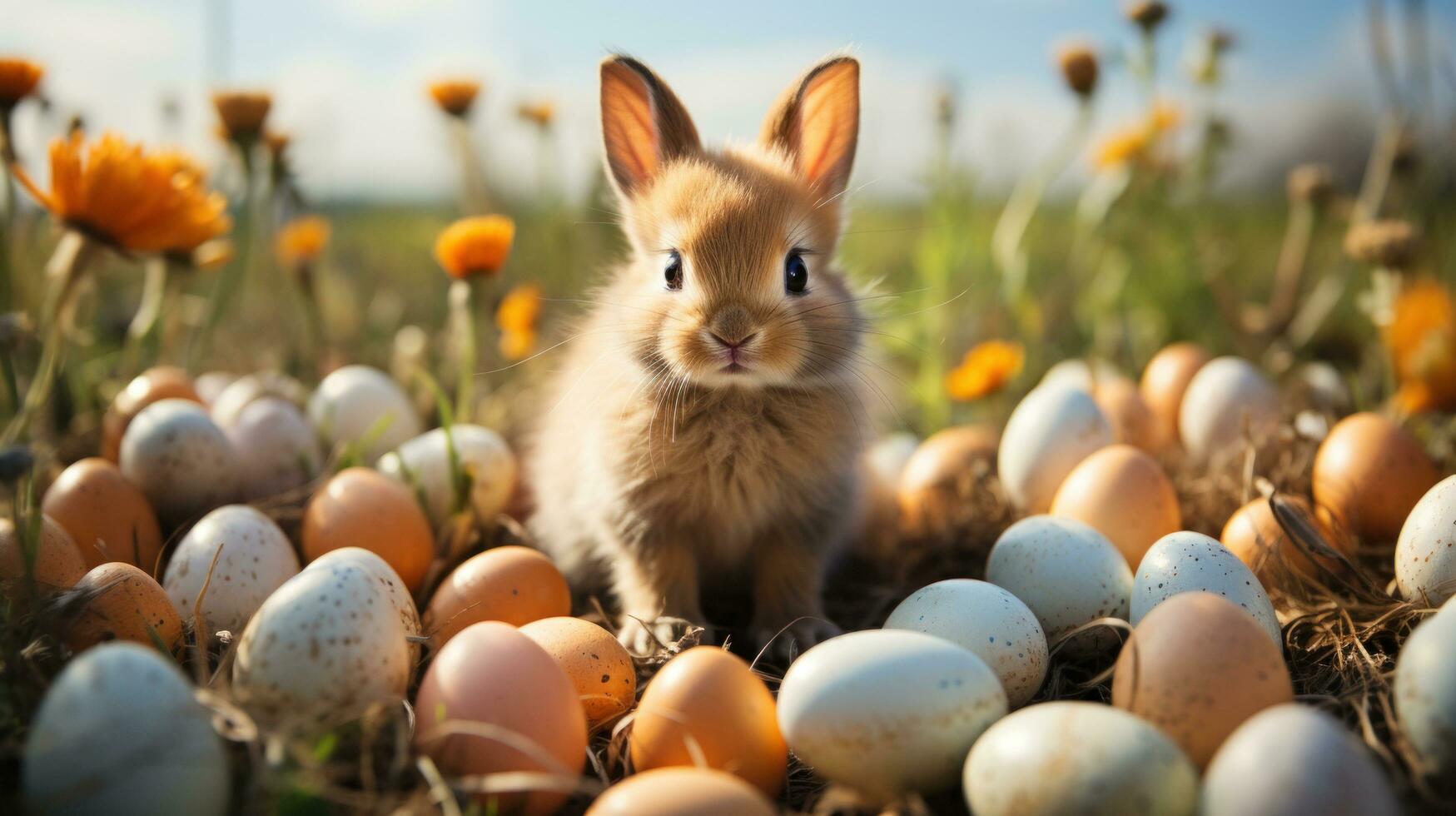 ai generado un linda conejito rodeado por vistoso huevos y sentado en un herboso campo foto