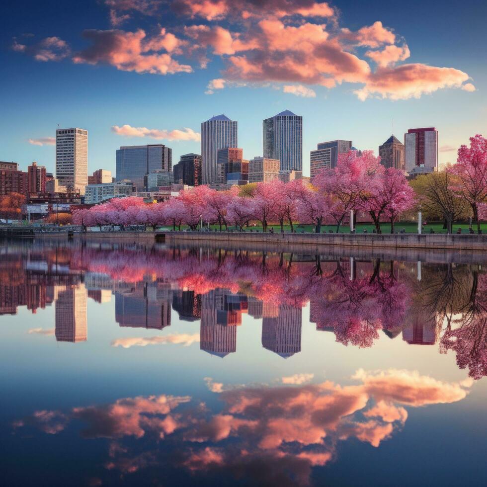 AI generated a city skyline reflected in a calm body of water, photo