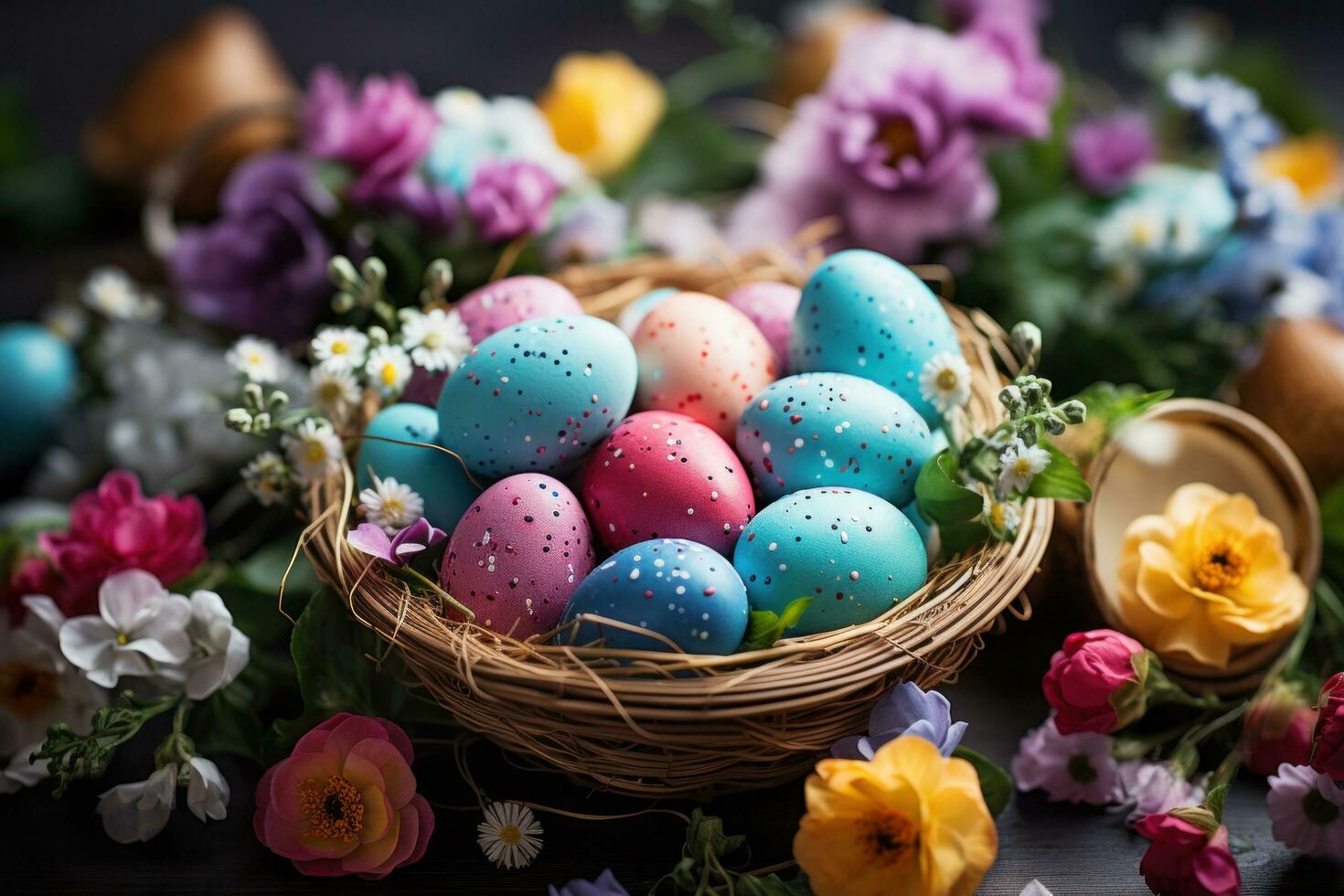 AI generated colorful easter eggs in basket surrounded by flowers, photo