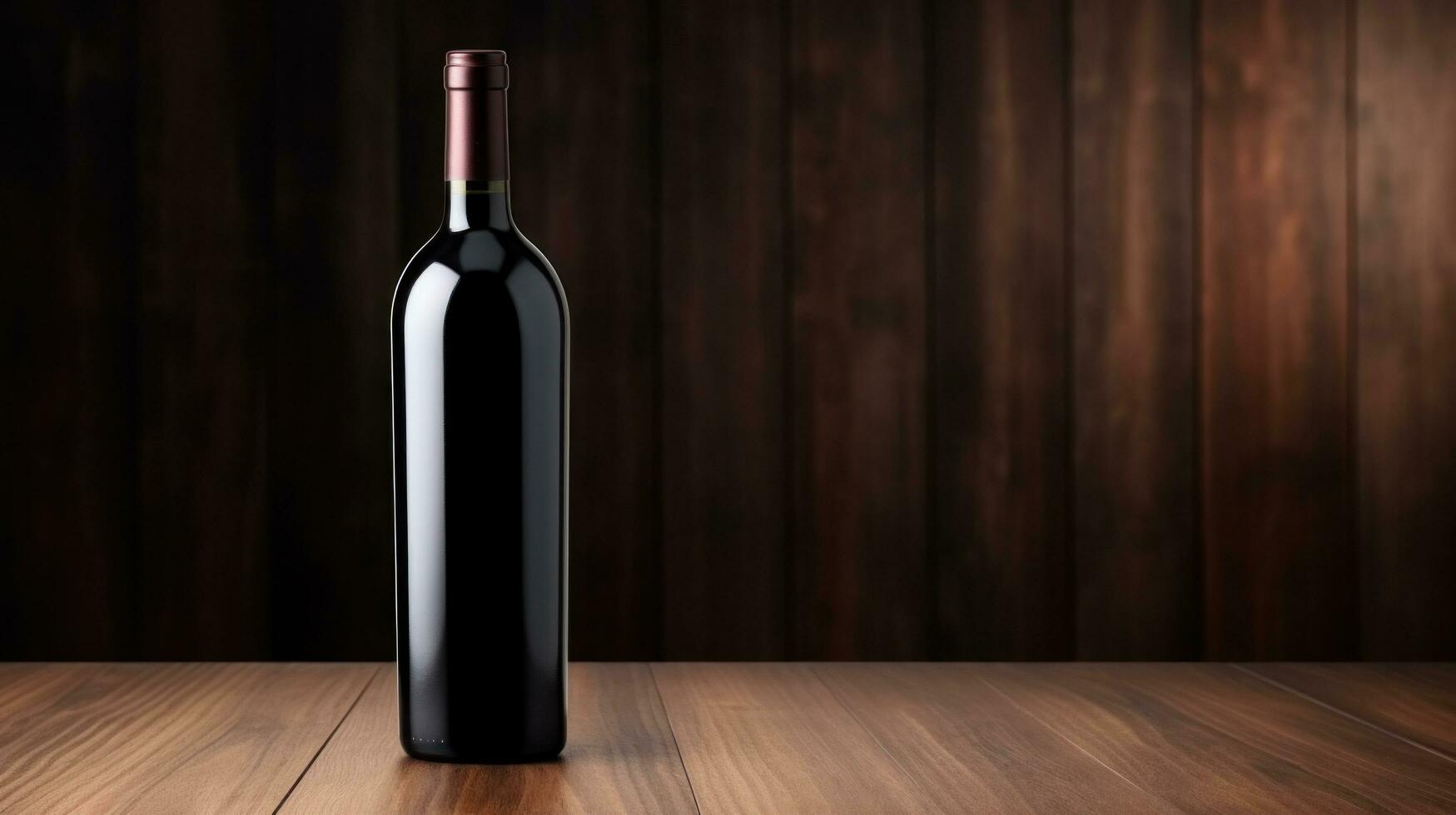 AI generated Wine bottle with blank front, realistic on a mockup template in a wooden table in restaurant photo