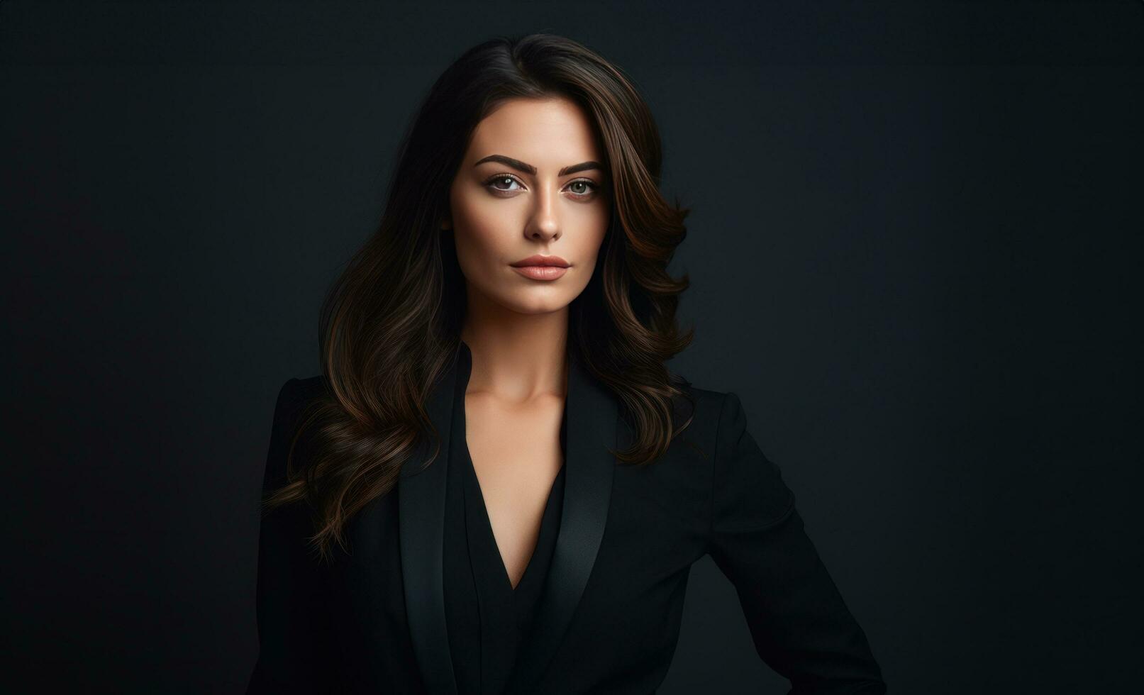 AI generated a woman poses in a business suit against a dark background, photo
