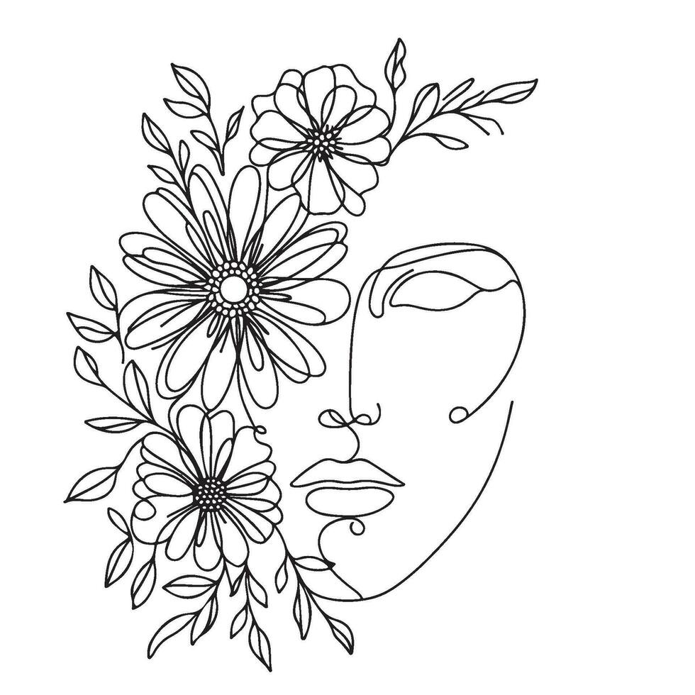Minimalistic Line Art Of A Woman's Face With Flowers vector